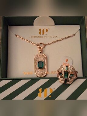 BP May 2026 Rose Gold Necklace and Ring Set with Emerald Green Stones